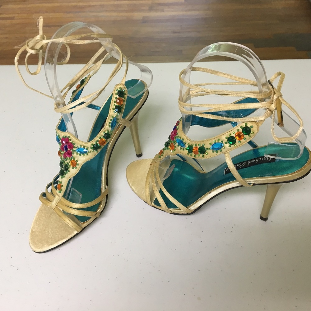 Jeweled champagne satin ankle wrap heels, sz. 6